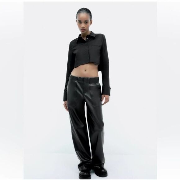 Zara NWT Long Sleeve Cropped Button Down Shirt Blouse Black Size XS - Picture 2 of 8